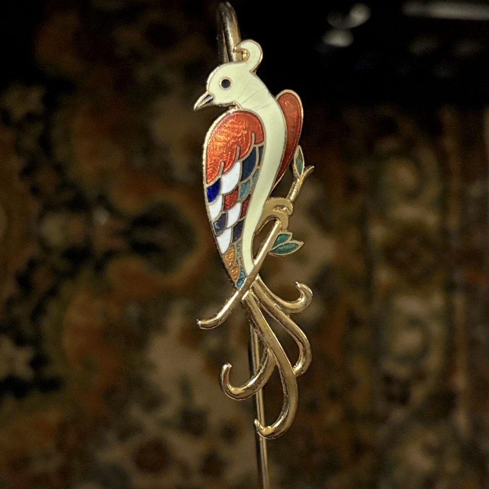 80’s Vintage Cloisonne Enamel Colorful Bird Gold Tone Large Bookmark Or Hairpin